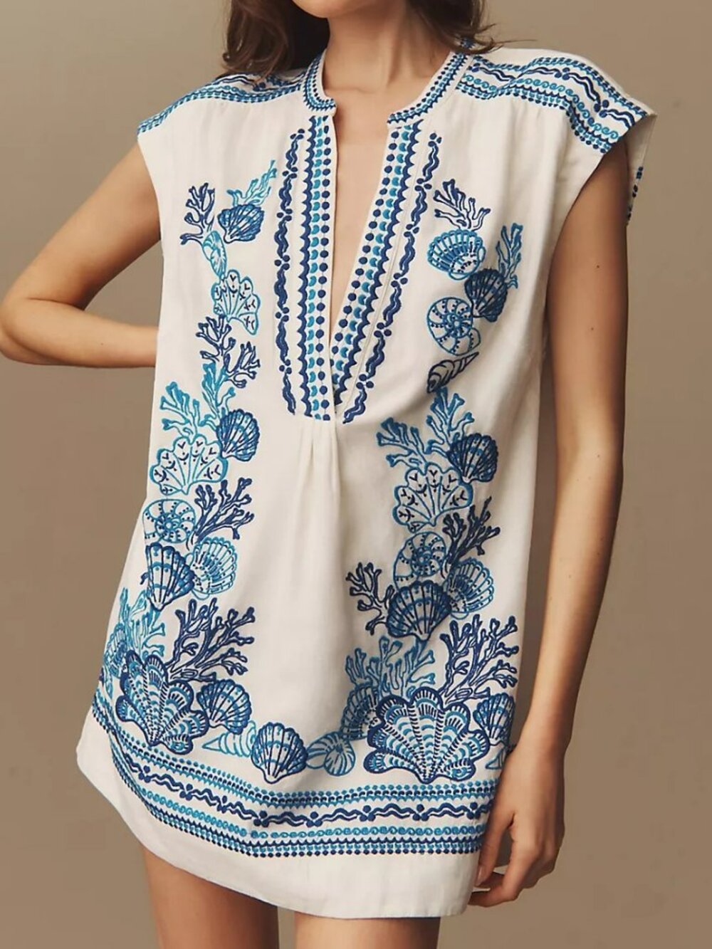 Boho Maeve Embroidered Linen Tunic Mini Dress
